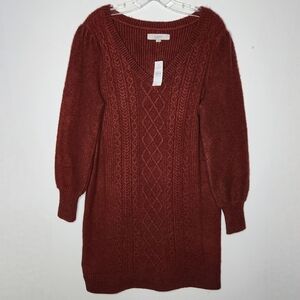 LOFT Puff Sleeve Cable Knit Sweater Dress Womens Size Medium Rust Red Boho NWT
